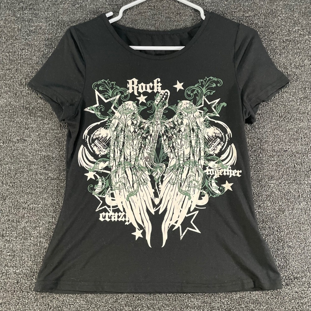 Grunge Rock Gothic Graphic Tee Womens L Black Good Angel Wings Guitar Y2K Romwe